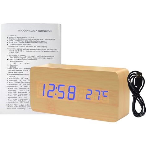 Reloj despertador electrónico LED de madera natural, con visualización de hora, temperatura y fecha, 3 niveles de brillo, control por voz y alimentación por USB o pilas.