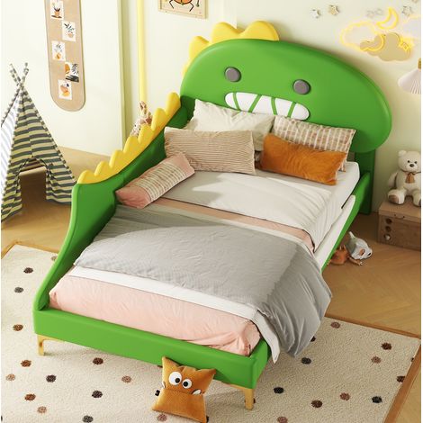 Lit enfant dinosaure cartoon 90x200 cm, PU et MDF, vert, avec tête de lit décorative et sommier à lattes (1/5)