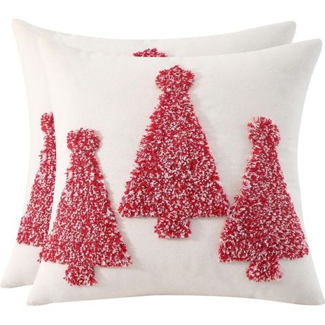 Housse de Coussin en Coton et Lin Noël Sapin Rouge Touffeté Deco 45x 45CM Taie d'oreiller Joyeux Xmas Arbres de Noël Décorative d'hiver pour Canapé Lit Chaise Salon Maison 2 Pièces (1/5)