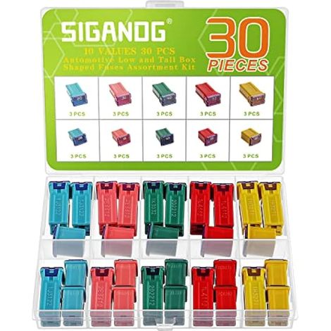 Jcase Lot de fusibles 20A 30A 40A 50A 60A Haut/Standard et Bas profil Boîte Kit de fusibles auto pour camions et voitures (Pack de 30, 3 de chaque type)