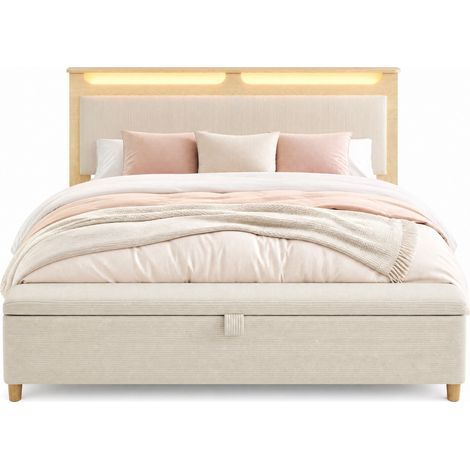 Lit avec Rangement 140 x 200 cm, Lit Double avec LED Réglable et Banc Coffre, Matelas Inclus, Chêne Clair et Beige (1/5)