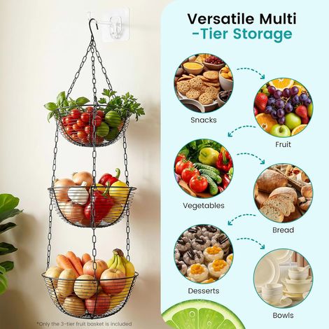 Panier suspendu à 3 étages - Panier à fruits à suspendre - Panier à légumes amovible en métal - Panier à fruits et légumes à suspendre - Panier suspendu de cuisine avec crochet - Pour ranger (1/5)