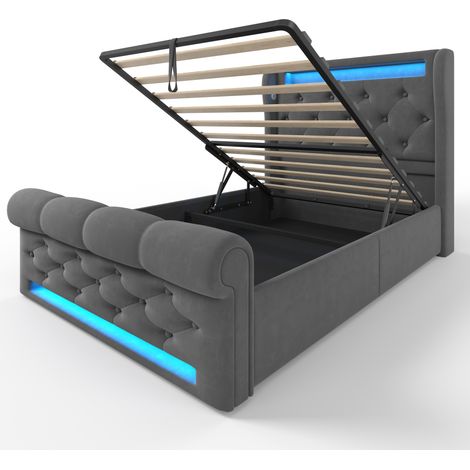 Cama con canapé tapizada 90x200 cm con LED, USB y Type-C, terciopelo gris, colchón incluido (1/5)