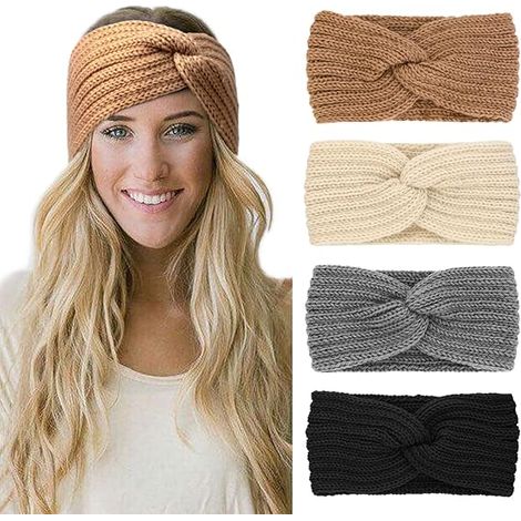 4 Pièces Bandeau Cheveux pour Femme Bandeaux Hiver Serre-Tête Tricoté Oreille Réchauffeur Chaud Noué Bande Elastique Cheveux pour  Filles (1/5)