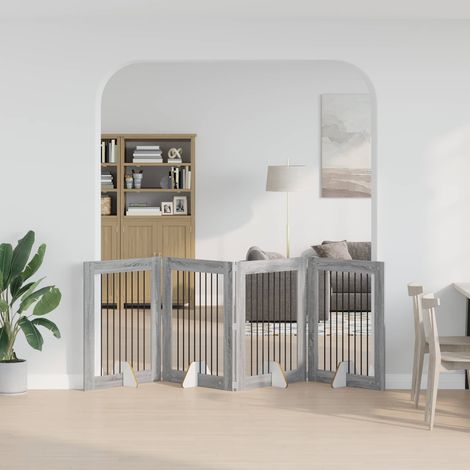Cancello per cani pieghevole con supporti 4 pz Grigio Sonoma vidaXL