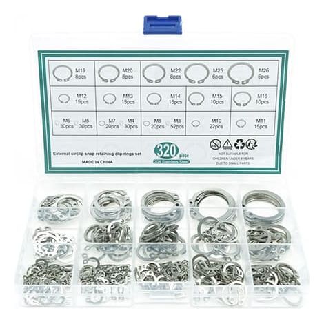 Jeu de 320 circlips externes haute dureté, assortiment de circlips en acier inoxydable de 3 à 26 mm, compatible avec diverses applications (1/4)
