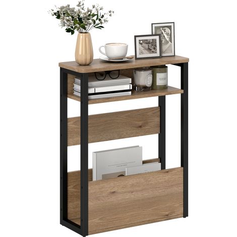 HOMCOM Narrow Side Table with Storage, Bedside End Table, Walnut Brown