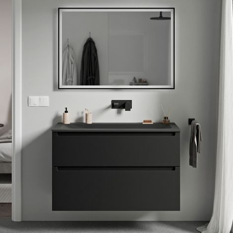BERNSTEIN - Mobile lavabo sospeso MDF nero opaco, lavabo Ghisa nero opaco senza foro rubinetto, cassetti girevoli - 100x46x62cm - VIREO	Nero opaco, Nero opaco senza foro per rubinetto