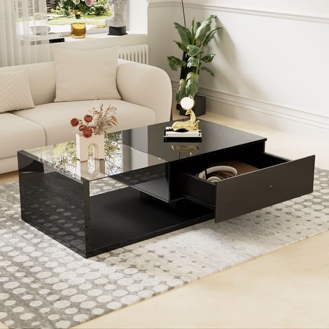 Table basse laquée design moderne avec plateau en verre trempé, éclairage LED 16 couleurs et tiroir de rangement pour salon, 105 x 55 x 32,5 cm - noir (1/5)