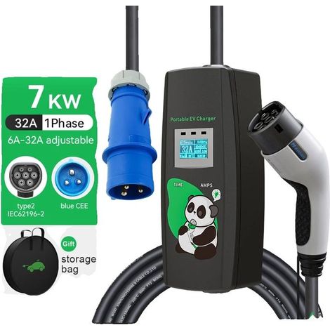 Chargeur EV Portable, 7KW de Puissance, Courant Ajustable 6A-32A, 7 kW 32 A monophasé, TYPE 2