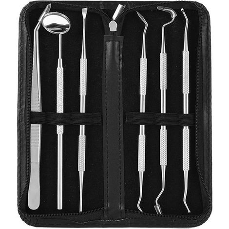 Kit dentiste - Set 6 pièces - Détartreur - Acier inoxydable - Détartreurs - Crochet dentaire - Inclut crochet et miroir - Nettoyeur de dents - Miroir dentaire - Convient pour les soins bucco-dentaires (1/5)