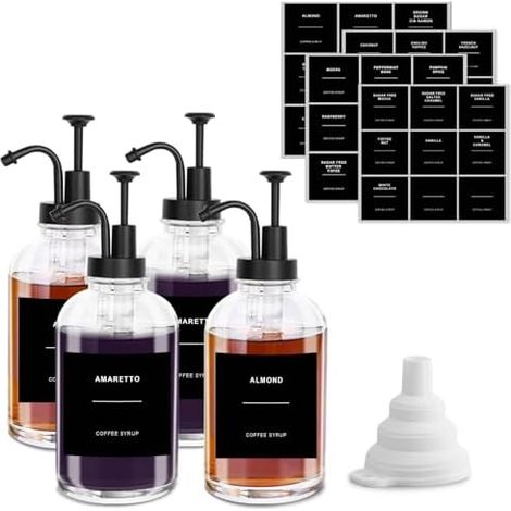 Lot de 4 distributeurs sirop café en verre avec 36 étiquettes étanches et entonnoir pompe pour cuisine, café, bar, 500 ml - (1/5)