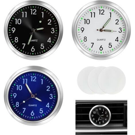 Lot de 3 Horloge Voiture Tableau de Bord, Horloges de Voiture à Quartz, Horloge à Évent avec Aiguilles Lumineuses, Boîtier en Alliage, Avec Ruban Adhésif Double Face, Compatible Voitures Moto (1/4)