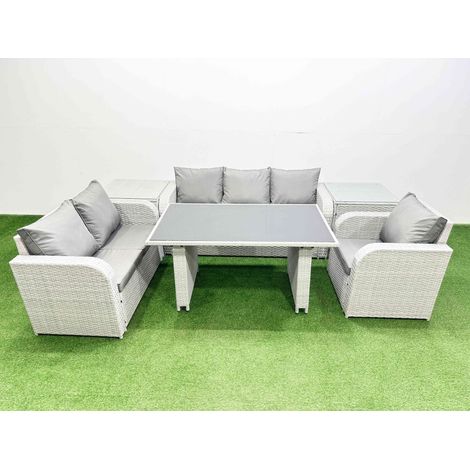 Fimous Rattan Outdoor Table Reclining Chair Sofa Set with 2 Side Tables Light Grey 6 Seater (1/4)