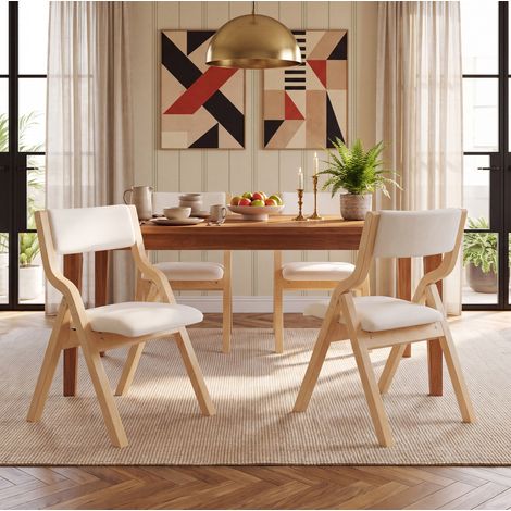 Juego de 4 sillas de comedor plegables, asiento cómodo, estructura de madera maciza, lino beige (1/5)