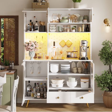 Hochschrank 120x40x176 cm weiß aus MDF und Glas mit LED, Steckdosenleiste und Weinregal (1/5)