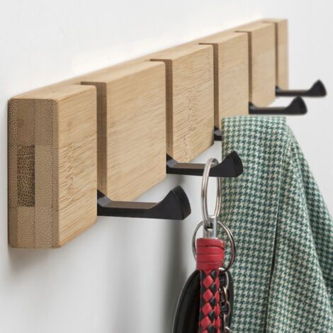 Patère Murale Design avec 5 Crochets Rétractables, Porte Manteau Mural Bois, Idéal comme Patères Portemanteaux pour Entrée, 2x50x5,5cm (1/3)