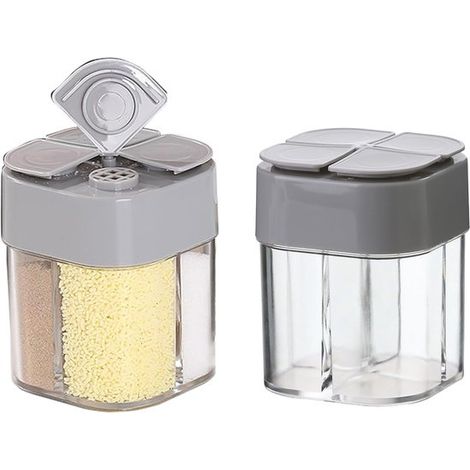 Salero y pimentero de plástico gris 4 en 1 (2 piezas) - Salero y pimentero - Frascos de especias de viaje - para cocina, barbacoa y camping (1/5)