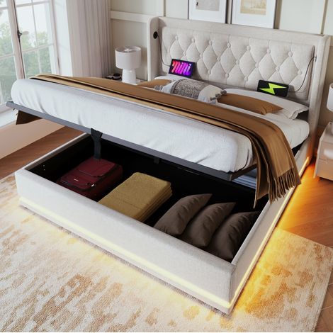 Letto 140x200 cm in cotone beige con contenitore e LED, senza materasso – MEUBLIV (1/5)