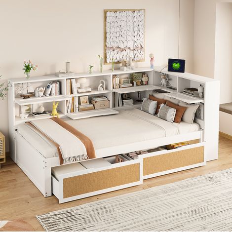 Letto multifunzione in legno bianco 90x200 cm, stile moderno, con testiera contenitore, prese USB e 2 cassetti (1/5)