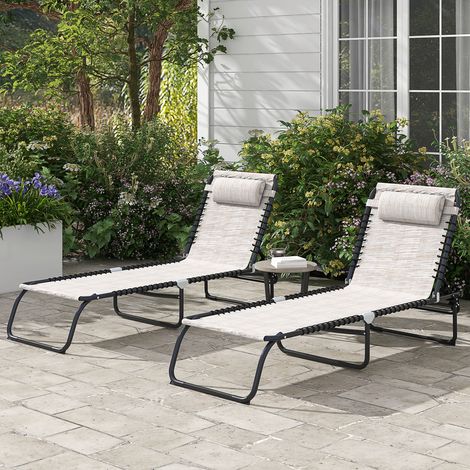 Lot de 2 bain de soleil transat pliable dossier inclinable multi-positions acier lacets élastiques textilène crème