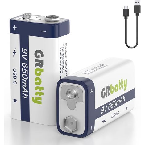 Pack de 2, Pile 9V Rechargeable Lithium ION, 650mAh, Charge Rapide (1/5)