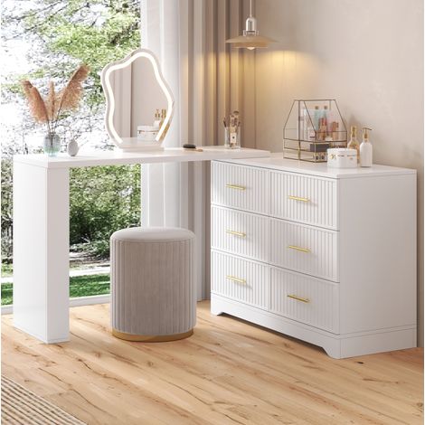 Coiffeuse réversible 110x40x129 cm en panneaux de bois blanc, avec rangement pour chambre FloraGrace (1/5)
