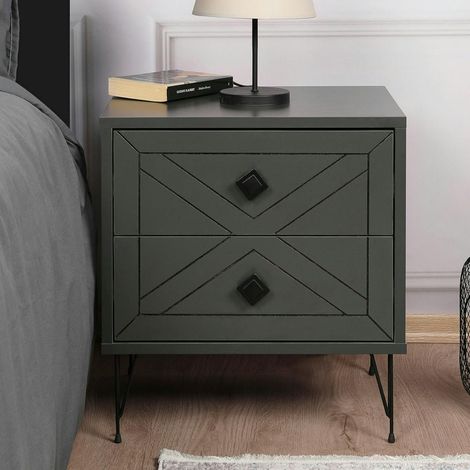 Table de chevet gris sombre 2 tiroirs pieds épingle JENA