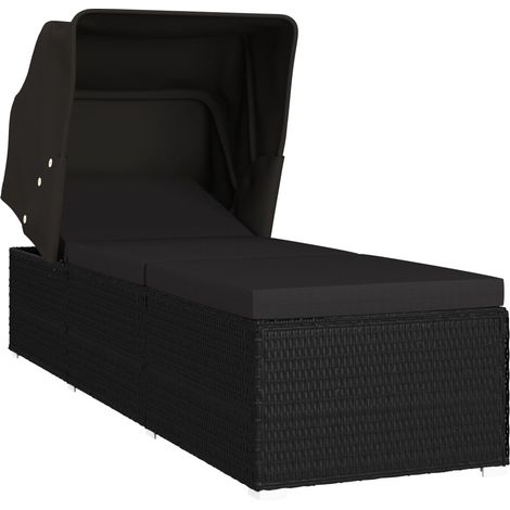 Lettino prendisole sedia a sdraio lettino prendisole letto da giardino mobili da esterno per patio con baldacchino e cuscino resina intrecciata nera 020012275