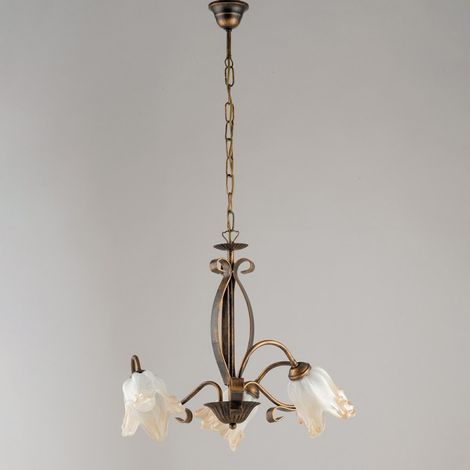 Lustre en fer Marron Or trois lumières Ambre Abat-jour en verre blanc 51x h43 cm