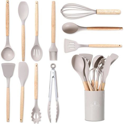 12 Ensemble Ustensiles de Cuisine Silicone - Set Ustensile Cuisine en Silicone et Manche Bois, Résistants à Chaleur et Antiadhésifs - Cuisine Accessoires pour Tous Batteries de Cuisine (Kaki) (1/5)