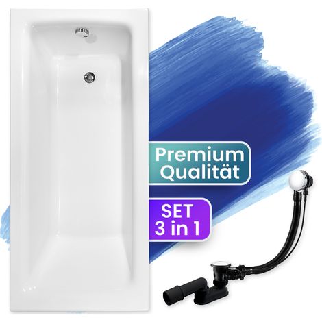 Badewanne Rechteck 130x70, Ablaufgarnitur & Füßen GRATIS - Komplettset 3in1 Original Acryl Wanne Premium Siphon - Made in EU - BADLAND TALIA (1/5)