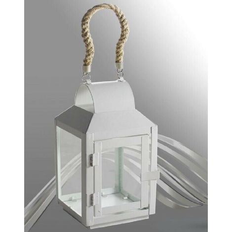 TrAdE Shop Traesio - Porta Candela Lumino Lanterna In Vetro Metallo Bianco Con Manico In Corda 42263 -