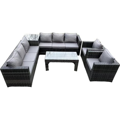 Fimous 8-Sitzer Rattan Ecksofa Set mit quadratischem Beistelltisch und länglichem rechteckigem Couch Tee Tisch 2-teiliger Armstuhl Dunkelgrau gemischt (1/5)