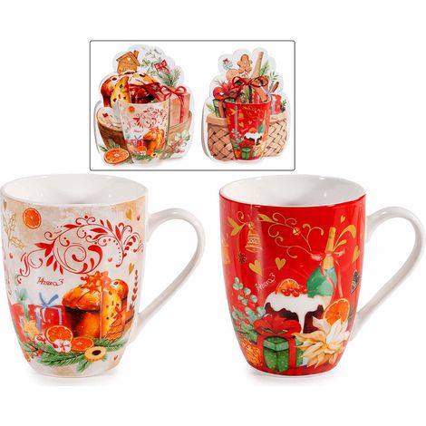 Tasses de Noël en porcelaine décor gourmandises en coffret cadeau panettone avec nœud, lot de 6, tasse : diam. 8 cm x H. 10,5 cm