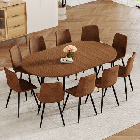 Table à manger ovale extensible effet noyer avec plateau MDF et pieds métalliques robustes (1/5)