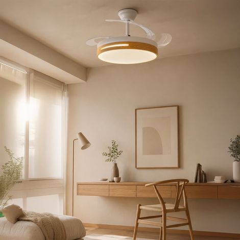 IluminaShop - Ventilador de techo LED WiFi Smart 64W Madera Ø108cm DC Ultra Silencioso con Mando a Distancia y Palas Retractiles Verano / Invierno 3000+4000+6000 (1/5)