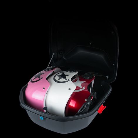 Coffre arrière pour véhicules électriques, grande capacité, surface lisse, coloris bicolore, rouge. Compatible avec motos et véhicules électriques. (1/5)