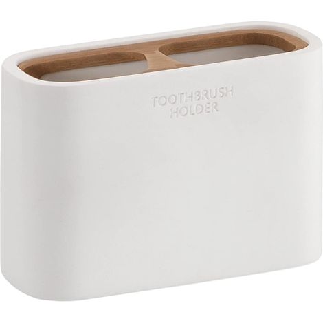 Porte-Brosse à Dents pour Salle de Bain, Dimensions et Poids : 8,5 x 12,8 x 5,6 cm et 0,364 kg, Porte-Dentifrice et Brosse à Dents en résines et Bambou, Finition Blanche et Bambou (1/5)