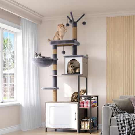 Arbre à chat avec armoire à litière, arbre à chat à plusieurs étages avec griffoirs en sisal pour jouer, hamac douillet gris pour se détendre (1/5)