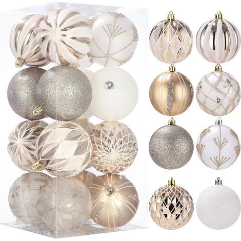 Boule de Noël Or Blanc 8cm x16, Décorations Sapin Pendentif, Ornements Plastique Champagne, Kit Fête Mariage Anniversaire, Guirlande Arbre de Noël Lumineux (1/5)