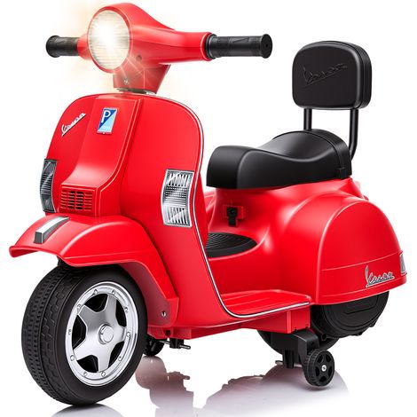 Scooter électrique pour enfants de type Vespa 6 V avec roulettes stabilisatrices - Lumières et musique - Klaxon - Scooter pour garçons et filles à partir de 3 ans - Couleur : rouge (1/5)