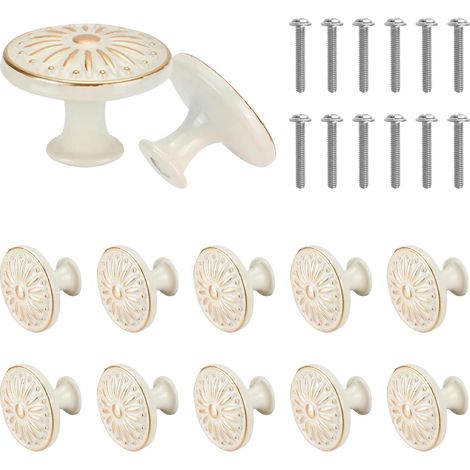 12-teiliges Set weißer, runder Schrankknöpfe im Vintage-Blumenmuster (3 cm Durchmesser) mit Schrauben und bronzefarbenen Griffen für Küchen- und Kleiderschranktüren (1/5)