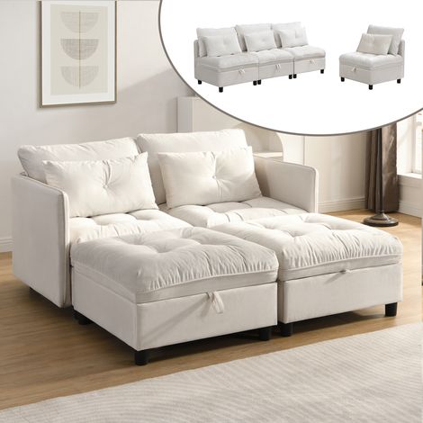 Canapé modulaire 4 places + espace de rangement + revêtement en chenille - avec combinaison canapé-lit - Blanc