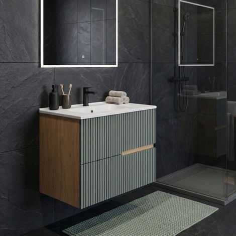 Meuble simple vasque L.60cm à suspendre Chêne naturel 2 tiroirs Vert sauge cannelé EVA - sans colonne (1/5)