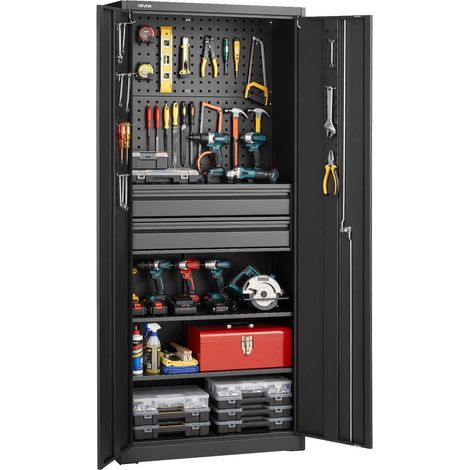 VEVOR Metall Aufbewahrungsschrank, Garagenschrank mit 2 Türen 2 Schubladen 2 Verstellbaren Regalen & Lochwand, 1,8m Hochschrank 81,5kg Belastbar, Mehrzweckschrank für Garage Büro Werkstatt, Schwarz (1/5)