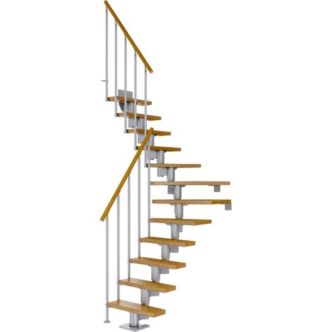 Dolle Mittelholmtreppe Dublin 1/4 gewendelt aus Eiche lackiert 61 cm breit für GH 278–337 cm UK Metall Perlgrau mit Einzelstabgeländer