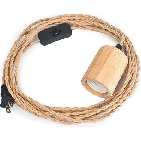 Cordon de suspension luminaire en bois avec interrupteur variateur, lampe suspendue vintage industrielle à brancher, câble nylon torsadé pour douille de plafonnier rétro, kit DIY pour éclairage ferme, (1/3)