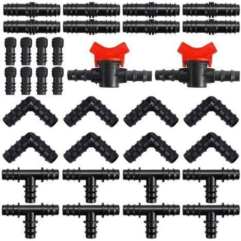 Kit de raccords d'irrigation pour tubes - 34 pièces - Connecteurs en plastique - Connecteur de tuyau d'arrosage de 16 mm (1,6 cm) - Connecteurs mixtes pour systèmes d'irrigation de jardin (1/4)