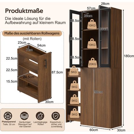 Meuble de rangement cuisine 60x30x180 cm, placard haut étroit avec portes vitrées et chariot coulissant, étagère de cuisine 4 niveaux sur roulettes, armoire fine pour cuisine, salon et salle à manger (1/5)